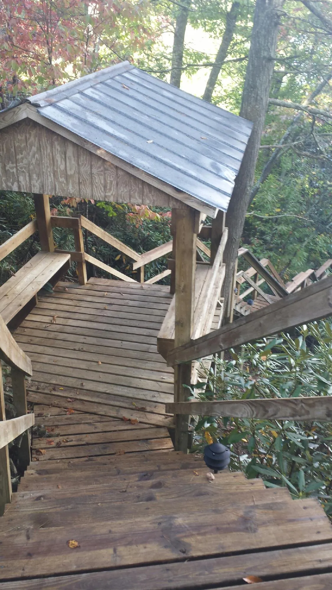 Metal roofed shelter over wooden steps on a wooded walkway — Skylight Repair & Installation work by our crew in Glengary